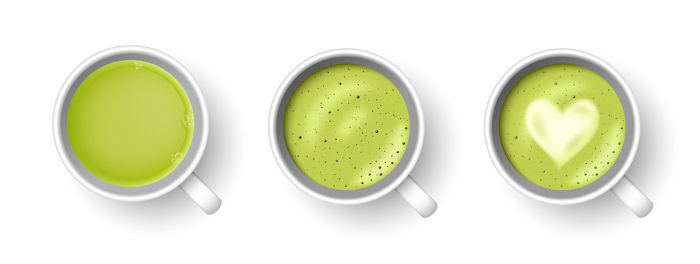 Realistische 3D Tasse heißen aromatischen grünen japanischen Tee matcha Latte Drink Set. Eine Teakup-Draufsicht einzeln auf weißem Hintergrund. Vektorgrafik für Webdesign, Menü, App, Werbung.