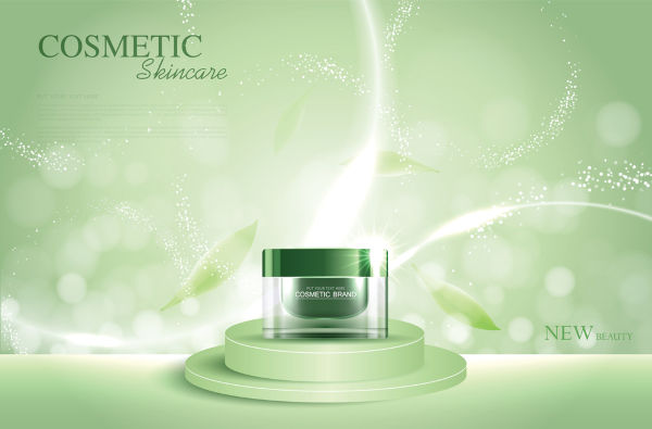 Kosmetische oder Hautpflegeproduktwerbung mit Flasche, grünem Tee und grünem Hintergrund, glitzernder Lichteffekt. Vektordesign.