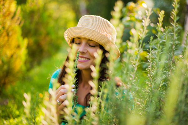 Eine junge, glückliche Frau genießt den Duft von Rosmarin in ihrem Garten.