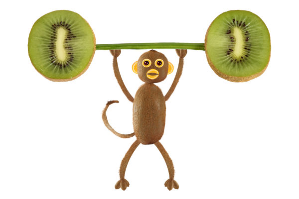Gesunde Ernährung. Lustiges kleines Äffchen aus Kiwi setzt neue Maßstäbe für Kiwi