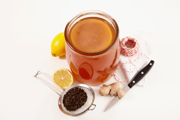 Glasgefäß mit frisch zubereitetem Kombucha oder fermentiertem, gesüßtem Schwarztee, mit gebrauchten Teeblättern in einem Sieb, Zitrone und Ingwerwurzel, hochkant auf weißem Hintergrund