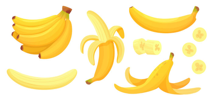 Cartoon-Bananen. Schälen Sie Bananen, gelbe Früchte und Bananen. Tropische Früchte, Bananenschnaps oder vegetarische Ernährung. Satz von einzelnen Vektorgrafik-Symbolen