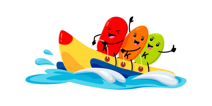 Cartoon Kalium, kalium mikronutrient Charaktere auf Wasser Bananenboot fahren im Sommer Strandurlaub. Hübsche Vektorgrafik-Kapselpersönlichkeiten, die auf dem Schiff sitzen und fröhliche Emotionen während der Urlaubsaktivität zeigen